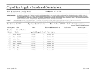 City of San Angelo - Boards and Commissions
Park & Recreation Advisory Board                                                                    Code Reference:       Ch. 2, Art. 2.2600


MembershipRqmt:            All members of the Board shall be eighteen (18) years of age or older and residents of the City of San Angelo. Advisory Board shall be composed of eight (8) members, seven (7) of
                           whom shall be appointed by the City Council. The eighth member shall be a member of the Park Commission, nominated by the Park Commission and approved by the City Council.
                           The appointments to the Board shall be on the basis of the nominee’s educational and professional qualifications and general knowledge of, interest in, and experience relevant to youth
                           or adult sports, senior activities, recreation activities, other organized social activities, parks, nature or conservation

NOTES:         Adopted 8/7/12 Board will be composed of 8 members, 7 appointed by City Council and 1 member of Park Commission. Qualifications based on educational & professional
               knowledge/experience to youth or adult sports, senior activities, recreation activities, other organized social activities, parks, nature or conservation.

 Board Liaison: Carl White                             Department Parks & Recreation                            Phone Number:            657-4450          Email: carl.white@sanangelotexas;
                                                                                                                                                                  maryann.vasquez@sanangelotexas.us
 Meeting Date:            TBA                                     Time:                           Authorized # of Members: 8                        Term Limit: 2                       Term Length: 2
 Location:                Council Chambers
 Alternate        Member                                    Appointed/Resigned Term #                    Term Expires

 1.           Donald       Barnhart                            12/4/2012                      1         December 2015

 2.           Mike         Campbell                            12/4/2012                      1         December 2015

 3.           Debbie       Cross                               12/4/2012                      1         December 2015

 4.           Anthony DeLaCruz                                 12/4/2012                      1         December 2015

 5.           Gloria       Henderson                           12/4/2012                      1         December 2014

 6.           Julia        Lane                               12/18/2012                      1         December 2014

 7.           Mary         Palos                               12/4/2012                      1         December 2014

 8.           Louis        Perez                               12/4/2012                      1         December 2014




Tuesday, April 09, 2013                                                                                                                                                                              Page 18 of 29
 
