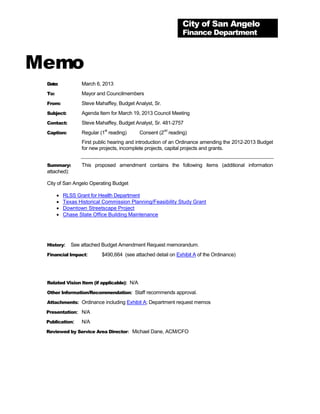 City of San Angelo
                                                               Finance Department



Memo
 Date:            March 6, 2013
 To:              Mayor and Councilmembers
 From:            Steve Mahaffey, Budget Analyst, Sr.
 Subject:         Agenda Item for March 19, 2013 Council Meeting
 Contact:         Steve Mahaffey, Budget Analyst, Sr. 481-2757
 Caption:
                            st                          nd
                  Regular (1 reading)       Consent (2 reading)
                  First public hearing and introduction of an Ordinance amending the 2012-2013 Budget
                  for new projects, incomplete projects, capital projects and grants.


 Summary:         This proposed amendment contains the following items (additional information
 attached):

 City of San Angelo Operating Budget

       •   RLSS Grant for Health Department
       •   Texas Historical Commission Planning/Feasibility Study Grant
       •   Downtown Streetscape Project
       •   Chase State Office Building Maintenance




 History:     See attached Budget Amendment Request memorandum.
 Financial Impact:         $490,664 (see attached detail on Exhibit A of the Ordinance)




 Related Vision Item (if applicable): N/A

 Other Information/Recommendation: Staff recommends approval.

 Attachments: Ordinance including Exhibit A; Department request memos

 Presentation: N/A

 Publication:     N/A
 Reviewed by Service Area Director: Michael Dane, ACM/CFO
 