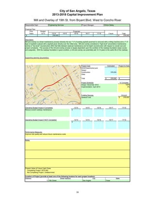 City of San Angelo, Texas
                                        2013-2018 Capital Improvement Plan
            Mill and Overlay of 19th St. from Bryant Blvd. West to Concho River
Responsible Dept:                   Engineering Services                                    Project Manager:                       Clinton Bailey

Financial Plan:
      Prior           Budget                                              Projected
     Years            12/13             13/14           14/15              15/16                   16/17           17/18                 Future                   Total
 $              -               -        378,000                 -                     -                       -               -                        -   $       378,000

Description:
Mill and overlay is a street maintenance process whereby the top 1"-3" of existing asphalt pavement is removed with a milling machine and a 1"-3"
layer of asphalt is placed with a asphalt paver directly over the milled area. Mill and overlay considered a "high-level" preventative maintenance
activity or "low-level" reconstruction effort that falls between sealcoat maintenance and full depth reconstruction with respect to overall cost and
project complexity. The success of the mill and overlay process is largely dependent upon the condition of the roadway foundation (base course
and subgrade). With the roadway foundation in good condition, a mill and overlay can potentially add 10-15 years to the useful life of the roadway.



Supporting planning document(s):




                                                                                           Project Cost:                                Estimated           Project-to-Date
                                                                                           ROW/Easements/Land                                      -                      -
                                                                                           Design                                                  -                      -
                                                                                           Construction                                      378,000                      -
                                                                                           Other                                                   -                      -

                                                                                           Total                                    $        378,000        $             -

                 Insert a picture of your proposed project here.                           Project Schedule:                                                    % Complete
                 Click on Insert in the menu bar, then Picture…                            Design: December 2012                                                      100%
    then find picture in your files…       then double click picture to insert.            Implementation: April 2013                                                    0%




                                                                                           Funding Sources:                                                      Amount
                                                                                           General Fund                                                     $      378,000




Operating Budget Impact if Completed:                                      13/14                   14/15           15/16                  16/17                   17/18
Reduce overall roadway maintenance                                    $            -                       -               -                        -                     -




Operating Budget Impact if NOT Completed:                                  13/14                   14/15           15/16                  16/17                   17/18
                                                                      $            -                       -               -                        -                     -




Performance Measures:
Improve ride quality and reduce future maintenance costs.


Notes:




Present Value of Future Cash Flows
  Completing Project $370,952
  Not Completing Project Undetermined

Location of Project (provide at least one of the following locators for each project location):
Address:                                       Street Address                              City                                                         State
                            1) 19th Street                                    San Angelo                                             Texas




                                                                              16
 