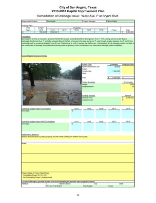City of San Angelo, Texas
                                           2013-2018 Capital Improvement Plan
                       Remediation of Drainage Issue: West Ave. P at Bryant Blvd.
Responsible Division:                Stormwater                                                 Project Manager:                       Clinton Bailey

Financial Plan:
      Prior              Budget                                               Projected
     Years                12/13           13/14           14/15                15/16                   16/17           17/18                 Future                   Total
 $              -          700,000       1,300,000                    -                    -                       -               -                           $      2,000,000

Description:
During storm events, an excessive amount of street flow occurs across Bryant Blvd. flowing down Ave. P. The existing culverts under Bryant
discharge directly onto Ave. P, and after crossing Bryant, the flow continues to the east along Ave P, cuts through an alley between Ave P and Q, the
continues south in a channel between Irving St. and Chadbourne St. until in reaches the Red Arroyo. Remediation of this drainage problem consists of
the construction of drainage improvements including street re-grading, culvert modification and subsurface drainage system installation.




Supporting planning document(s):




                                                                                               Project Cost:                                Estimated           Project-to-Date
                                                                                               ROW/Easements/Land                                50,000                       -
                                                                                               Design                                                 -                       -
                                                                                               Construction                                   1,950,000                       -
                                                                                               Other                                                  -                       -

                                                                                               Total                                    $     2,000,000         $             -
                    Insert a picture of your proposed project here.
                    Click on Insert in the menu bar, then Object…
                                                                                               Project Schedule:                                                    % Complete
                           Click on the tab Create from File,
                                                                                               Design:                                                                    100%
                                  then click Browse…
                                                                                               Implementation:                                                               0%
                                 Browse to your picture,
                                then click Insert and Ok.


                                                                                               Funding Sources:                                                      Amount
                                                                                               General Fund                                                     $     2,000,000
                                                                                               Undetermined                                                     $             -




Operating Budget Impact if Completed:                                          13/14                   14/15           15/16                  16/17                   17/18
No impact                                                                 $            -                       -               -                        -                     -




Operating Budget Impact if NOT Completed:                                      13/14                   14/15           15/16                  16/17                   17/18
No impact                                                                 $            -                       -               -                        -                     -




Performance Measure:
Reduce flood hazards to protect property and the health, safety and welfare of the public.


Notes:




Present Value of Future Cash Flows
 Completing Project $1,975,761
 Not Completing Project Undetermined

Location of Project (provide at least one of the following locators for each project location):
Address:                                         Street Address                               City                                                          State
                             1) W. Ave. P at Bryant                             San Angelo                                               Texas




                                                                                  26
 