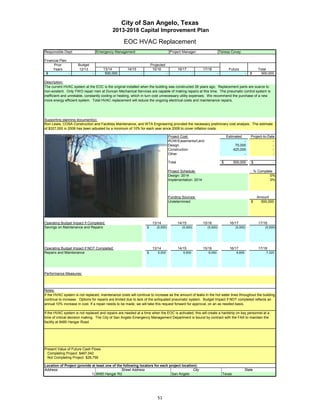City of San Angelo, Texas
                                            2013-2018 Capital Improvement Plan

                                                   EOC HVAC Replacement
Responsible Dept:                  Emergency Management                                Project Manager:                     Teresa Covey

Financial Plan:
      Prior          Budget                                           Projected
     Years           12/13            13/14          14/15             15/16                  16/17          17/18                Future                Total
 $              -              -       500,000                -                   -                      -              -                     -   $       500,000

Description:
The current HVAC system at the EOC is the original installed when the building was constructed 26 years ago. Replacement parts are scarce to
non-existent. Only TWO repair men at Duncan Mechanical Services are capable of making repairs at this time. The pneumatic control system is
inefficient and unreliable, constantly cooling or heating, which in turn cost unnecessary utility expenses. We recommend the purchase of a new
more energy efficient system. Total HVAC replacement will reduce the ongoing electrical costs and maintenance repairs.




Supporting planning document(s):
Ron Lewis, COSA Construction and Facilities Maintenance, and WTA Engineering provided the necessary preliminary cost analysis. The estimate
of $327,000 in 2008 has been adjusted by a minimum of 10% for each year since 2008 to cover inflation costs.

                                                                                      Project Cost:                              Estimated        Project-to-Date
                                                                                      ROW/Easements/Land                                   -                    -
                                                                                      Design                                          75,000                    -
                                                                                      Construction                                   425,000                    -
                                                                                      Other                                                -                    -

                                                                                      Total                                  $       500,000      $              -

                                                                                      Project Schedule:                                               % Complete
                                                                                      Design: 2014                                                             0%
                                                                                      Implementation: 2014                                                     0%



                                                                                      Funding Sources:                                                 Amount
                                                                                      Undetermined                                                $      500,000




Operating Budget Impact if Completed:                                  13/14                  14/15          15/16                16/17                 17/18
Savings on Maintenance and Repairs                                $      (5,000)                (5,000)        (5,000)                (5,000)               (5,000)




Operating Budget Impact if NOT Completed:                              13/14                  14/15          15/16                16/17                 17/18
Repairs and Maintenance                                           $       5,000                  5,500          6,050                 6,655                 7,320




Performance Measures:



Notes:
If the HVAC system is not replaced, maintenance costs will continue to increase as the amount of leaks in the hot water lines throughout the building
continue to increase. Options for repairs are limited due to lack of the antiquated pneumatic system. Budget Impact if NOT completed reflects an
annual 10% increase in cost. If a repair needs to be made, we will take this request forward for approval, on an as needed basis.

If the HVAC system is not replaced and repairs are needed at a time when the EOC is activated, this will create a hardship on key personnel at a
time of critical decision making. The City of San Angelo Emergency Management Department is bound by contract with the FAA to maintain the
facility at 8485 Hangar Road.




Present Value of Future Cash Flows
  Completing Project $467,042
  Not Completing Project $28,756

Location of Project (provide at least one of the following locators for each project location):
Address:                                        Street Address                              City                                              State
                             1) 8485 Hangar Rd.                               San Angelo                                     Texas




                                                                          51
 