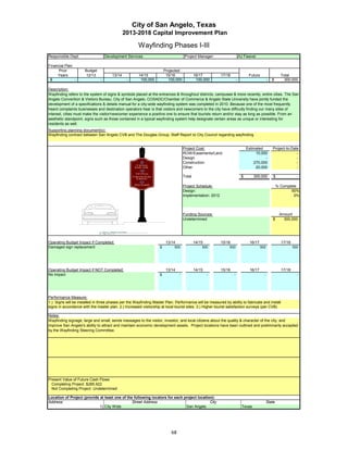 City of San Angelo, Texas
                                              2013-2018 Capital Improvement Plan

                                                      Wayfinding Phases I-III
Responsible Dept:                  Development Services                             Project Manager:                      AJ Fawver

Financial Plan:
      Prior           Budget                                           Projected
     Years            12/13           13/14           14/15             15/16              16/17          17/18                 Future                   Total
 $              -              -               -       100,000           100,000            100,000                   -                        -   $       300,000

Description:
Wayfinding refers to the system of signs & symbols placed at the entrances & throughout districts, campuses & more recently, entire cities. The San
Angelo Convention & Visitors Bureau, City of San Angelo, COSADC/Chamber of Commerce & Angelo State University have jointly funded the
development of a specifications & details manual for a city-wide wayfinding system was completed in 2010. Because one of the most frequently
heard complaints businesses and destination operators hear is that visitors and newcomers to the city have difficulty finding our many sites of
interest, cities must make the visitor/newcomer experience a positive one to ensure that tourists return and/or stay as long as possible. From an
aesthetic standpoint, signs such as those contained in a typical wayfinding system help designate certain areas as unique or interesting for
residents as well.
Supporting planning document(s):
Wayfinding contract between San Angelo CVB and The Douglas Group, Staff Report to City Council regarding wayfinding


                                                                                   Project Cost:                               Estimated           Project-to-Date
                                                                                   ROW/Easements/Land                               10,000                       -
                                                                                   Design                                                -                       -
                                                                                   Construction                                    270,000                       -
                                                                                   Other                                            20,000                       -

                                                                                   Total                                   $       300,000         $               -

                                                                                   Project Schedule:                                                   % Complete
                                                                                   Design:                                                                    50%
                                                                                   Implementation: 2012                                                         0%



                                                                                   Funding Sources:                                                     Amount
                                                                                   Undetermined                                                    $      300,000




Operating Budget Impact if Completed:                                  13/14               14/15          15/16                 16/17                    17/18
Damaged sign replacement                                           $        500                500            500                        500                     500




Operating Budget Impact if NOT Completed:                              13/14               14/15          15/16                 16/17                    17/18
No impact                                                          $           -                   -              -                        -                       -




Performance Measure:
1.) Signs will be installed in three phases per the Wayfinding Master Plan. Performance will be measured by ability to fabricate and install
signs in accordance with the master plan. 2.) Increased visitorship at local tourist sites. 3.) Higher tourist satisfaction surveys (per CVB)

Notes:
Wayfinding signage, large and small, sends messages to the visitor, investor, and local citizens about the quality & character of the city, and
improve San Angelo's ability to attract and maintain economic development assets. Project locations have been outlined and preliminarily accepted
by the Wayfinding Steering Committee.




Present Value of Future Cash Flows
  Completing Project $285,922
  Not Completing Project Undetermined

Location of Project (provide at least one of the following locators for each project location):
Address:                                        Street Address                              City                                               State
                             1) City Wide                                     San Angelo                                   Texas




                                                                          68
 