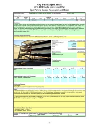 City of San Angelo, Texas
                                            2013-2018 Capital Improvement Plan
                                   Spur Parking Garage Renovation and Repair
Responsible Division:              Real Estate Div./Office of the City Attorney            Project Manager:                           Cindy Preas

Financial Plan:
     Prior           Budget                                             Projected
     Years           12/13             13/14           14/15             15/16                    16/17               17/18                  Future                   Total
 $              -              -      1,825,000                -                      -                       -                   -                         -   $     1,825,000

Description:
The Spur Parking Garage services the downtown area including the new Stephen Central Library. The Spur Parking Garage must be renovated
and repaired to meet City code regulations. Project: Primary Structural Steel Members must be: Cleaned and Sandblasted; apply coating and
paint for rust protection; reinforce and/or replace specific structural steel members. Replacing existing staircase in its entirety. In addition,
include the demolition of existing second, third and fourth level floor systems. Floor system removal will include removal or existing steel decks
and reinforced concrete support slabs. Other features may include removal of any existing light poles and fixtures, restriping, tire stop
replacement and updated signs.


Supporting planning document(s):
Forensic Report, Construction Documents of Plans and Specifications, Survey, Lab Testing, Attorney Fees


                                                                                          Project Cost:                                     Estimated           Project-to-Date
                                                                                          ROW/Easements/Land                                          -                       -
                                                                                          Design                                                 50,000                       -
                                                                                          Construction                                        1,500,000                       -
                                                                                          Other                                                 275,000                       -

                                                                                          Total                                        $      1,825,000         $                 -
                Insert a picture of your proposed project here.
                Click on Insert in the menu bar, then Object…
                                                                                          Project Schedule:                                                         % Complete
                       Click on the tab Create from File,
                                                                                          Design:                                                                           0%
                              then click Browse…
                                                                                          Implementation: 2014                                                              0%
                             Browse to your picture,
                            then click Insert and Ok.


                                                                                          Funding Sources:                                                           Amount
                                                                                          Undetermined                                                          $     1,825,000




Operating Budget Impact if Completed:                                    13/14                    14/15               15/16                  16/17                    17/18
None                                                                $             -         $             -       $           -         $               -       $             -




Operating Budget Impact if NOT Completed:                                13/14                    14/15               15/16                  16/17                    17/18
Loss of Revenue - Garage closed                                     $      20,000           $       20,000        $     20,000          $       20,000          $        20,000




Performance Measure:
Public Safety
Property Revenue will increase based on rental parking slots.

Notes:
In October 2010, the structural integrity of the Sppur Parking Garage was assessed to determine the factors contributing to the corrosion of steel
components. On March 5, 2011, floors 2-4 were closed and use prohibited after load analysis revealed the primary structural building steel
components cannot withstand the associated loading and will require bracing in the transverse direction.

It is recommended the project be completed in one phase ($1,825,000). If project is broken up into three phases costs are considerably higher
($2,950,000). Saving if completed as one phase $1,125,000




Present Value of Future Cash Flows
  Completing Project $1,790,972
  Not Completing Project $94,542

Location of Project (provide at least one of the following locators for each project location):
Address:                                       Street Address                             City                                                          State
                            1) 30 W Twohig Avenue                            San Angelo                                                Texas




                                                                            71
 