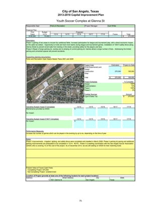 City of San Angelo, Texas
                                             2013-2018 Capital Improvement Plan

                                           Youth Soccer Complex at Glenna St
Responsible Dept:                  Parks & Recreation                                     Project Manager:                       Carl White

Financial Plan:
      Prior            Budget                                           Projected
     Years             12/13           13/14            14/15            15/16                   16/17           17/18                 Future                   Total
   $195,000              75,000                                 -                    -                       -               -                        -   $       270,000

Description:
Phase I-Lighting of two areas to include four additional fields. Increase participation for league and tournament play, with a direct economic impact
on the sales tax dollars. Opportunity to invite and host more teams during league and tournament games. Installation of 1000 ft safety fence along
Glenna Street to prevent errant balls from landing in the street, providing safety for the players and fans.
Phase II-Repair of large parking lot, overlay and re-striping of current parking lot. Games attract a large number of fans. Addressing the limited
parking and unmarked spaces will prevent accidents.


Supporting planning document(s):
Parks and Recreation Open Space Master Plans 2001 and 2005


                                                                                         Project Cost:                                Estimated           Project-to-Date
                                                                                         ROW/Easements/Land                                      -                      -
                                                                                         Design                                                  -                      -
                                                                                         Construction                                      270,000              195,000
                                                                                         Other                                                   -                      -

                                                                                         Total                                    $        270,000        $       195,000
                  Insert a picture of your proposed project here.
                  Click on Insert in the menu bar, then Object…
                                                                                         Project Schedule:                                                    % Complete
                         Click on the tab Create from File,
                                                                                         Design:                                                                    100%
                                then click Browse…
                                                                                         Implementation:                                                             72%
                               Browse to your picture,
                                                                                         Phase I                                                                    100%
                              then click Insert and Ok.
                                                                                         Phase II                                                                      0%

                                                                                         Funding Sources:                                                      Amount
                                                                                         Type B Sales Tax                                                 $      270,000




Operating Budget Impact if Completed:                                    13/14                   14/15           15/16                 16/17                    17/18
Maintenance provided by SASA                                        $            -                       -               -                        -                     -

No Impact


Operating Budget Impact if NOT Completed:                                13/14                   14/15           15/16                 16/17                    17/18
No Impact                                                           $            -                       -               -                        -                     -




Performance Measures:
Increase the number of games which can be played in the evening by up to six, depending on the time of year


Notes:
Phase I Improvements - irrigation, lighting, and safety fence were completed and installed in March 2008. Phase II parking lot paving and additional
parking improvements are anticipated to be completed in 13/14. NOTE: Phase II is awaiting coordination with the San Angelo Soccer Association
(SASA) who is covering 1/2 of the cost of the project. As of December 2012, we are still waiting on SASA for their matching funds.




Present Value of Future Cash Flows
  Completing Project $75,000
  Not Completing Project Undetermined

Location of Project (provide at least one of the following locators for each project location):
Address:                                       Street Address                              City                                                       State
                            1) 1601 Glenna St                                 San Angelo                                           Texas




                                                                            75
 