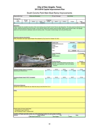 City of San Angelo, Texas
                                                2013-2018 Capital Improvement Plan

                            South Concho Park Main Boat Ramp Improvements
Responsible Dept:                   Parks and Recreation                                   Project Manager:                       Carl White

Financial Plan:
      Prior           Budget                                             Projected
     Years            12/13             13/14           14/15             15/16                   16/17           17/18                 Future                   Total
 $              -               -                        438,600                      -                       -               -                        -   $       438,600

Description:
Project includes the complete renovation of the main boating ramp at South Concho Park at Lake Nasworthy. The ramp would be widened from 2 to
4 lanes, additional parking would be provided, a new restroom facility with showers would be added, lighting improvements made, new signage
added and improvements to walkways made and docking made. This project includes design work and permitting costs.




Supporting planning document(s):
Parks, Recreation and Open Space Master Plan adopted by City Council on October 16, 2012.


                                                                                          Project Cost:                                Estimated           Project-to-Date
                                                                                          ROW/Easements/Land                                      -                      -
                                                                                          Design                                             32,000                      -
                                                                                          Construction                                      395,000                      -
                                                                                          Other                                              11,600                      -

                                                                                          Total                                    $        438,600        $                 -

                 Insert a picture of your proposed project here.                          Project Schedule:                                                    % Complete
                 Click on Insert in the menu bar, then Picture…                           Design:                                                                       0%
    then find picture in your files…       then double click picture to insert.           Implementation:                                                               0%



                                                                                          Funding Sources:                                                      Amount
                                                                                          Potential TPWD State Boating Access Grant                         $          328,950 
                                                                                          Potential Lake Nasworthy Trust Fund Interest                      $          109,650 
                                                                                            Account


Operating Budget Impact if Completed:                                     13/14                   14/15           15/16                 16/17                    17/18
Operating and Maintenance                                            $            -                       -          8,000                     8,150                   8,300




Operating Budget Impact if NOT Completed:                                 13/14                   14/15           15/16                 16/17                    17/18
None                                                                 $            -                       -               -                        -                         -




Performance Measures:
Double the number of boats that can utilize the ramp at one time from 2 to 4.


Notes:




Present Value of Future Cash Flows
  Completing Project $445,070
  Not Completing Project Undetermined

Location of Project (provide at least one of the following locators for each project location):
Address:                                        Street Address                              City                                                       State
                             1) 850 South Concho Dr.                          San Angelo                                            Texas




                                                                             88
 