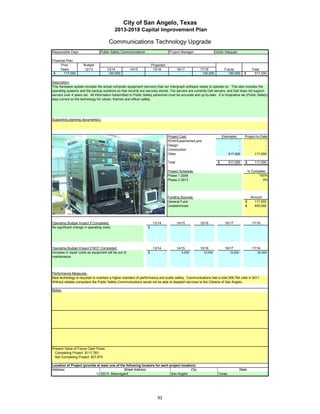 City of San Angelo, Texas
                                             2013-2018 Capital Improvement Plan

                                         Communications Technology Upgrade
Responsible Dept:                  Public Safety Communications                           Project Manager:                 Victor Vasquez

Financial Plan:
      Prior            Budget                                           Projected
     Years             12/13           13/14           14/15             15/16                   16/17          17/18            Future                Total
 $      117,000                         120,000                 -                    -                      -    130,000           150,000      $        517,000

Description:
This hardware update includes the actual computer equipment (servers) that our Intergraph software needs to operate on. This also includes the
operating systems and the backup solutions so that records are securely stored. The servers are currently Dell servers, and Dell does not support
servers over 4 years old. All information transmitted to Public Safety personnel must be accurate and up-to-date. It is imperative we (Public Safety)
stay current on the technology for citizen, firemen and officer safety.




Supporting planning document(s):




                                                                                         Project Cost:                          Estimated       Project-to-Date
                                                                                         ROW/Easements/Land                               -                   -
                                                                                         Design                                           -                   -
                                                                                         Construction                                     -                   -
                                                                                         Other                                      517,000           117,000

                                                                                         Total                              $       517,000      $       117,000
                  Insert a picture of your proposed project here.
                  Click on Insert in the menu bar, then Object…
                                                                                         Project Schedule:                                           % Complete
                         Click on the tab Create from File,
                                                                                         Phase 1 2008                                                      100%
                                then click Browse…
                                                                                         Phase 2 2013                                                         0%
                               Browse to your picture,
                              then click Insert and Ok.


                                                                                         Funding Sources:                                             Amount
                                                                                         General Fund                                            $      117,000
                                                                                         Undetermined                                            $      400,000




Operating Budget Impact if Completed:                                    13/14                   14/15          15/16            16/17                 17/18
No significant change in operating costs.                           $            -




Operating Budget Impact if NOT Completed:                                13/14                   14/15          15/16            16/17                 17/18
Increase in repair costs as equipment will be out of                $            -                  5,000         10,000            15,000                20,000
maintenance




Performance Measures:
New technology is required to maintain a higher standard of performance and public safety. Communications had a total 209,764 calls in 2011.
Without reliable computers the Public Safety Communications would not be able to dispatch services to the Citizens of San Angelo.

Notes:




Present Value of Future Cash Flows
  Completing Project $117,763
  Not Completing Project $37,875

Location of Project (provide at least one of the following locators for each project location):
Address:                                       Street Address                              City                                              State
                            1) 323 E. Beauregard                              San Angelo                                    Texas




                                                                            92
 