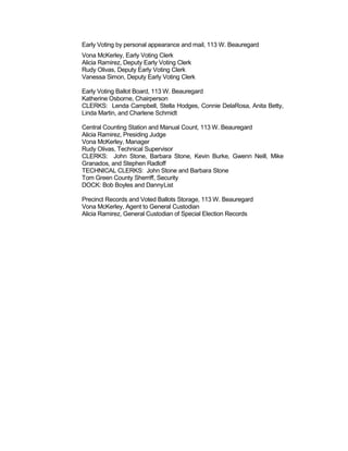 Early Voting by personal appearance and mail, 113 W. Beauregard
Vona McKerley, Early Voting Clerk
Alicia Ramirez, Deputy Early Voting Clerk
Rudy Olivas, Deputy Early Voting Clerk
Vanessa Simon, Deputy Early Voting Clerk

Early Voting Ballot Board, 113 W. Beauregard
Katherine Osborne, Chairperson
CLERKS: Lenda Campbell, Stella Hodges, Connie DelaRosa, Anita Betty,
Linda Martin, and Charlene Schmidt

Central Counting Station and Manual Count, 113 W. Beauregard
Alicia Ramirez, Presiding Judge
Vona McKerley, Manager
Rudy Olivas, Technical Supervisor
CLERKS: John Stone, Barbara Stone, Kevin Burke, Gwenn Neill, Mike
Granados, and Stephen Radloff
TECHNICAL CLERKS: John Stone and Barbara Stone
Tom Green County Sherriff, Security
DOCK: Bob Boyles and Danny List

Precinct Records and Voted Ballots Storage, 113 W. Beauregard
Vona McKerley, Agent to General Custodian
Alicia Ramirez, General Custodian of Special Election Records
 