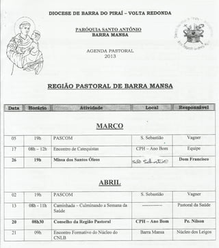 Agenda pastoral de barra mansa. março e abril 2013