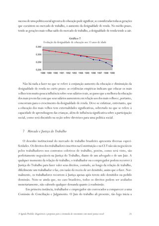 sucesso de uma política social agressiva de educação pode significar, se consideradas todas as gerações
que coexistem no mercado de trabalho, o aumento da desigualdade de renda. No médio prazo,
tendo as gerações mais velhas saído do mercado de trabalho, a desigualdade de renda tende a cair.

                                                   Gráfico 7
                            Evolução da desigualdade de educação aos 13 anos de idade
                    0,350


                    0,300
               g




                    0,250


                    0,200
                        1988 1989 1990 1991 1992 1993 1994 1995 1996 1997 1998 1999




    Não há nada a fazer no que se refere à conjunção aumento da educação e diminuição da
desigualdade de renda no curto prazo: as evidências empíricas indicam que educar os mais
velhos tem muito pouca influência sobre seus salários reais, ao passo que a melhora da educação
dos mais jovens faz com que seus salários aumentem em relação aos dos mais velhos e, portanto,
concorram para o crescimento da desigualdade de renda. Deve-se enfatizar, entretanto, que
a educação dos mais velhos tem externalidades significativas, sobretudo no que se refere à
capacidade de aprendizagem das crianças, além de influência significativa sobre a participação
social, como será discutido na seção sobre diretrizes para uma política social.


    7 Mercado e Justiça do Trabalho

    O desenho institucional do mercado de trabalho brasileiro apresenta diversas especi-
ficidades. Os direitos dos trabalhadores inscritos na Constituição e na CLT não são negociáveis
pelos trabalhadores nos contratos coletivos de trabalho, porém, como será visto, são
perfeitamente negociáveis na Justiça do Trabalho, diante de um advogado e de um Juiz. A
qualquer momento da relação de trabalho, o trabalhador ou o empregador podem recorrer à
Justiça do Trabalho para fazer valer seus direitos, contudo, ao longo da relação de trabalho,
dificilmente um trabalhador o faz, em razão do receio de ser demitido, assim que o fizer. Nor-
malmente, os trabalhadores recorrem à Justiça apenas após terem sido demitidos ou pedido
demissão. Note-se ainda que, no caso brasileiro, todos os direitos podem ser avaliados
monetariamente, não cabendo qualquer demanda quanto à readmissão.
       Em primeira instância, trabalhador e empregador são convocados a comparecer a uma
Comissão de Conciliação e Julgamento. O Juiz do trabalho ali presente, tão logo inicia a




A Agenda Perdida: diagnósticos e propostas para a retomada do crescimento com maior justiça social   21
 
