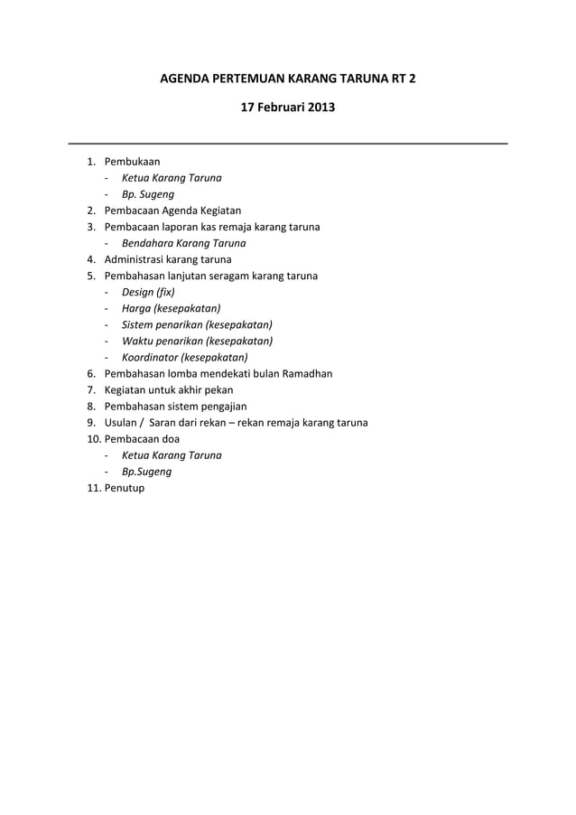 Agenda pertemuan karang taruna rt 2 | PDF