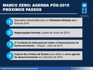 MARCO ZERO: AGENDA PÓS-2015
PRÓXIMOS PASSOS
1
2
3
Secretário-Geral elaborará um Relatório-Síntese até o
final de 2014
4
Negociações formais a partir do início de 2015
3ª Conferência Internacional sobre o Financiamento do
Desenvolvimento – Etiópia - Julho de 2015
Cúpula dos Chefes de Estado para definir a nova agenda
de desenvolvimento em setembro de 2015
 