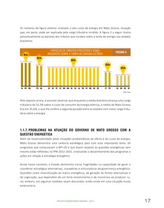 PROJETO PENSAR MATO GROSSO - 2014 17
Os números da figura anterior sinalizam o alto custo de energia em Mato Grosso, situação
que, em parte, pode ser explicada pela carga tributária incidida. A figura 3 a seguir ilustra
percentualmente as parcelas dos tributos que incidem sobre a tarifa de energia nos estados
brasileiros.
Pelo exposto acima, é possível observar que enquanto a média brasileira alcança uma carga
tributária de 31,5% sobre o custo de consumo da energia elétrica, a média de Mato Grosso
fica em 35,6%, o que lhe confere a segunda posição entre os estados com maior carga tribu-
tária sobre a energia.
1.1.7.	Problemas na Atuação do Governo de Mato Grosso com a
Questão Energética
Além da responsabilidade pelas situações problemáticas da oferta e do custo de energia,
Mato Grosso demonstra uma carência estratégica para com esse importante tema. Os
programas que compuseram o MT+20 e que dizem respeito às questões energéticas nem
mesmo estão refletidos no PPA 2012-2015, sinalizando o desalinhamento dos programas e
ações em relação à estratégia energética.
Ainda nesse contexto, o Estado demonstra claras fragilidades na capacidade de gerar e
coordenar estratégias alternativas, inovadoras e articuladoras de governança energética.
Questões como diversificação da matriz energética, de geração de fontes alternativas e
de cogeração, que dependem de um forte envolvimento e de incentivos ao produtor ru-
ral, embora, em algumas medidas sejam discutidas, estão ainda em uma situação muito
embrionária.
Parcelas de tributos (PIS/COFINS e ICMS)
incidentes sobre a tarifa de energia elétrica
Figura 3
Fonte: Firjan
 