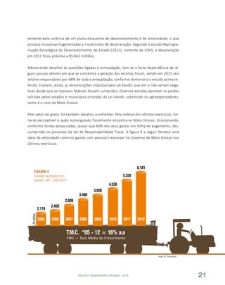 PROJETO PENSAR MATO GROSSO - 2014 21
Figura 4
Evolução da despesa com
pessoal – MT – 2005/2012
Fonte: RC Consultores
temente pela carência de um plano eloquente de desenvolvimento e de atratividade, o que
provoca iniciativas fragmentadas e incoerentes de desoneração. Segundo o estudo Reprogra-
mação Estratégica do Desenvolvimento do Estado (2012), somente de ICMS, a desoneração
em 2011 ficou próxima a R$ 842 milhões.
Adicionando desafios às questões ligadas à arrecadação, tem-se a forte dependência de al-
guns poucos setores em que se concentra a geração das receitas fiscais, sendo em 2011 seis
setores responsáveis por 68% de toda a arrecadação, conforme demonstra o estudo acima re-
ferido. Existem, ainda, as desonerações impostas pela Lei Kandir, que em si não seriam nega-
tivas desde que os repasses federais fossem cumpridos. Diversos estudos apontam as perdas
sofridas pelos estados e municípios oriundas da Lei Kandir, sobretudo os agroexportadores,
como é o caso de Mato Grosso.
Pelo vetor do gasto, há também desafios a enfrentar. Pela análise dos últimos exercícios, tor-
na-se perceptível o quão estrangulado fiscalmente encontra-se Mato Grosso, direcionando,
conforme fontes pesquisadas, quase que 60% dos seus gastos em folha de pagamento, des-
cumprindo os preceitos da Lei de Responsabilidade Fiscal. A figura 4 a seguir fornece uma
ideia da velocidade como os gastos com pessoal cresceram no Governo de Mato Grosso nos
últimos exercícios.
 