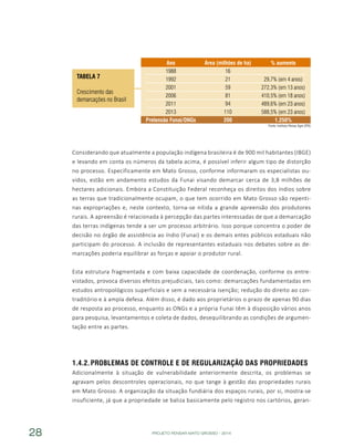 PROJETO PENSAR MATO GROSSO - 201428
Fonte: Instituto Pensar Agro (IPA)
TABELA 7
Crescimento das
demarcações no Brasil
Ano
1988
1992
2001
2006
2011
2013
Pretensão Funai/ONGs
Área (milhões de ha)
16
21
59
81
94
110
200
% aumento
29,7% (em 4 anos)
272,3% (em 13 anos)
410,5% (em 18 anos)
489,6% (em 23 anos)
588,5% (em 23 anos)
1.250%
Considerando que atualmente a população indígena brasileira é de 900 mil habitantes (IBGE)
e levando em conta os números da tabela acima, é possível inferir algum tipo de distorção
no processo. Especificamente em Mato Grosso, conforme informaram os especialistas ou-
vidos, estão em andamento estudos da Funai visando demarcar cerca de 3,8 milhões de
hectares adicionais. Embora a Constituição Federal reconheça os direitos dos índios sobre
as terras que tradicionalmente ocupam, o que tem ocorrido em Mato Grosso são repenti-
nas expropriações e, neste contexto, torna-se nítida a grande apreensão dos produtores
rurais. A apreensão é relacionada à percepção das partes interessadas de que a demarcação
das terras indígenas tende a ser um processo arbitrário. Isso porque concentra o poder de
decisão no órgão de assistência ao índio (Funai) e os demais entes públicos estaduais não
participam do processo. A inclusão de representantes estaduais nos debates sobre as de-
marcações poderia equilibrar as forças e apoiar o produtor rural.
Esta estrutura fragmentada e com baixa capacidade de coordenação, conforme os entre-
vistados, provoca diversos efeitos prejudiciais, tais como: demarcações fundamentadas em
estudos antropológicos superficiais e sem a necessária isenção; redução do direito ao con-
traditório e à ampla defesa. Além disso, é dado aos proprietários o prazo de apenas 90 dias
de resposta ao processo, enquanto as ONGs e a própria Funai têm à disposição vários anos
para pesquisa, levantamentos e coleta de dados, desequilibrando as condições de argumen-
tação entre as partes.
1.4.2.	Problemas de Controle e de Regularização das Propriedades
Adicionalmente à situação de vulnerabilidade anteriormente descrita, os problemas se
agravam pelos descontroles operacionais, no que tange à gestão das propriedades rurais
em Mato Grosso. A organização da situação fundiária dos espaços rurais, por si, mostra-se
insuficiente, já que a propriedade se baliza basicamente pelo registro nos cartórios, geran-
 