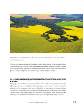 PROJETO PENSAR MATO GROSSO - 2014 29
do a prática de emissão de título sobre título, trazendo, a posteriori, sérias dificuldades na
identificação das áreas.
No Governo de Mato Grosso a gestão fundiária é realizada pelo Instituto de Terras do Estado de Mato
Grosso (Intermat), que, conforme análise diagnóstica, apresenta graves problemas estruturais e de inge-
rência da base cadastral, carecendo de uma melhor comunicação com os cartórios e de uma sincroniza-
ção das suas bases cartográficas com os outros órgãos estaduais e federais do setor.
1.4.3.	 Problemas na Atuação do Governo de Mato Grosso com as Questões
Fundiárias
A percepção dos produtores rurais revela desalento quanto à gestão do tema, entendendo eles que
o Estado apresenta uma participação insuficiente, quiçá ausente, sobretudo diante das questões ide-
ológicas, restando espaço para o oportunismo. O produtor se ressente de uma efetiva contribuição
do Estado nos certames jurídicos e nos processos desapropriatórios. Combinam-se a isso as gran-
des ineficiências e descontroles operacionais da máquina pública. A partir dessas macropercepções,
infere-se que o Estado deve investir no apoio, articulação e arbitragem das questões fundiárias.
 