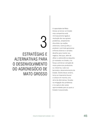 PROJETO PENSAR MATO GROSSO - 2014 45
A capacidade de Mato
Grosso se tornar um Estado
mais competitivo está
intrinsecamente ligada à
resolução dos seus graves
problemas, amplamente
discutidos nas seções
anteriores. Como já dito, o
produtor rural mato-grossense
enfrenta diversos e variados
desafios para manter seu
negócio, fato que, além de
afetar a sobrevivência daqueles
já instalados no Estado, cria
forças contrárias à atração de
novos potenciais produtores
ou indústrias, tudo isso
barrando o desenvolvimento do
Estado. Diante desse cenário,
torna-se imperativo buscar
e colocar em marcha uma
série de alternativas, focadas
na mitigação dos problemas
e na captura das vastas
oportunidades para as quais o
Estado é vocacionado.
ESTRATÉGIAS E
ALTERNATIVAS PARA
O DESENVOLVIMENTO
DO AGRONEGÓCIO DE
MATO GROSSO
3
 