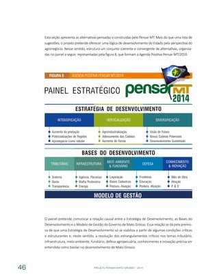 PROJETO PENSAR MATO GROSSO - 201446
Esta seção apresenta as alternativas pensadas e construídas pelo Pensar MT. Mais do que uma lista de
sugestões, o projeto pretende oferecer uma lógica de desenvolvimento do Estado pela perspectiva do
agronegócio. Nesse sentido, estrutura um conjunto coerente e convergente de alternativas, organiza-
das no painel a seguir, representadas pela figura 8, que formam a Agenda Positiva Pensar MT/2014:
O painel pretende comunicar a relação causal entre a Estratégia de Desenvolvimento, as Bases do
Desenvolvimento e o Modelo de Gestão do Governo de Mato Grosso. Essa relação se dá pela premis-
sa de que uma Estratégia de Desenvolvimento só se viabiliza a partir de algumas condições críticas
e estruturantes e, neste sentido, a resolução dos estrangulamentos críticos nos temas tributário,
infraestrutura, meio ambiente, fundiário, defesa agropecuária, conhecimento e inovação precisa ser
entendida como basilar no desenvolvimento de Mato Grosso.
Agenda Positiva Pensar MT/2014Figura 8
 