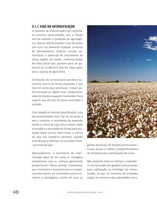 PROJETO PENSAR MATO GROSSO - 201448
3.1.1.	Eixo da Intensificação
O conceito de Intensificação traz implícitas
as enormes oportunidades que o Estado
tem de expandir a produção do agronegó-
cio, apenas redirecionando o uso de áreas,
sem que isso demande qualquer aumento
de desmatamento. Diversos estudos de-
monstram o potencial de crescimento de
várias regiões do Estado, conforme dados
do Imea (2012) que apontam para um po-
tencial de 13.492,673 (ha) em áreas aptas
para o avanço da agricultura.
Entretanto, faz-se necessário que este cres-
cimento ocorra de forma planejada e que
leve em conta duas premissas: crescer po-
tencializando as regiões mais subdesenvol-
vidas do Estado e expandir mantendo o foco
naquilo que ele tem de maior prontidão e
vocação.
Com relação ao foco da Intensificação, uma
das possibilidades (mas não se limitando a
ela) é canalizar o movimento de expansão
tendo o cultivo da soja como indutor, dada
a vocação e a prontidão do Estado para pro-
dução desta cultura. Além disso, o cultivo
da soja traz corolários positivos, quando
contribui para melhorar as condições físico-
-químicas do solo.
Adicionalmente, o movimento de Inten-
sificação deve ter em conta as vantagens
competitivas que as alianças geralmente
proporcionam. Nesse sentido, movimentos
que incentivem o associativismo e o coope-
rativismo devem ser entendidos como prio-
ritários e estratégicos, tendo em vista os
ganhos de escala, de fortalecimento institu-
cional, acesso a crédito, compartilhamento
de infraestrutura e distribuição de riscos.
Não obstante, deve-se reforçar a importân-
cia da resolução dos gargalos estruturantes
para viabilização da estratégia de Intensi-
ficação, já que um aumento da produção
exigirá um aumento das capacidades estru-
 