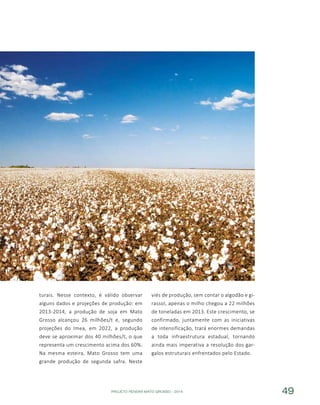 PROJETO PENSAR MATO GROSSO - 2014 49
turais. Nesse contexto, é válido observar
alguns dados e projeções de produção: em
2013-2014, a produção de soja em Mato
Grosso alcançou 26 milhões/t e, segundo
projeções do Imea, em 2022, a produção
deve se aproximar dos 40 milhões/t, o que
representa um crescimento acima dos 60%.
Na mesma esteira, Mato Grosso tem uma
grande produção de segunda safra. Neste
viés de produção, sem contar o algodão e gi-
rassol, apenas o milho chegou a 22 milhões
de toneladas em 2013. Este crescimento, se
confirmado, juntamente com as iniciativas
de intensificação, trará enormes demandas
a toda infraestrutura estadual, tornando
ainda mais imperativa a resolução dos gar-
galos estruturais enfrentados pelo Estado.
 