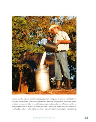 PROJETO PENSAR MATO GROSSO - 2014 53
possível apontar algumas possibilidades que parecem configurar um cenário viável de Diver-
sificação, sobretudo em cadeias mais aderentes à realidade dos pequenos produtores. Nesse
sentido e sem exaurir todas as possibilidades, seguem abaixo algumas reflexões, trazidas ao
longo do Pensar MT, a respeito de potenciais novas cadeias que podem ilustrar a ideia da Di-
versificação, a saber: o leite, o óleo de palma, a aquicultura com destaque para a piscicultura.
 