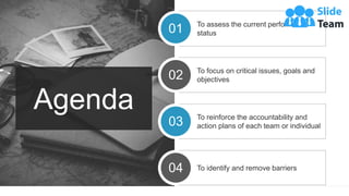 Agenda
To assess the current performance
status
01
To focus on critical issues, goals and
objectives
02
To reinforce the accountability and
action plans of each team or individual
03
To identify and remove barriers
04
 