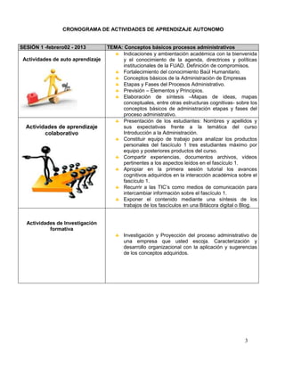 CRONOGRAMA DE ACTIVIDADES DE APRENDIZAJE AUTONOMO


SESIÓN 1 -febrero02 - 2013         TEMA: Conceptos básicos procesos administrativos
                                        Indicaciones y ambientación académica con la bienvenida
 Actividades de auto aprendizaje        y el conocimiento de la agenda, directrices y políticas
                                        institucionales de la FUAD. Definición de compromisos.
                                        Fortalecimiento del conocimiento Baúl Humanitario.
                                        Conceptos básicos de la Administración de Empresas
                                        Etapas y Fases del Procesos Administrativo.
                                        Previsión – Elementos y Principios.
                                        Elaboración de síntesis –Mapas de ideas, mapas
                                        conceptuales, entre otras estructuras cognitivas- sobre los
                                        conceptos básicos de administración etapas y fases del
                                        proceso administrativo.
                                        Presentación de los estudiantes: Nombres y apellidos y
  Actividades de aprendizaje            sus expectativas frente a la temática del curso
         colaborativo                   Introducción a la Administración.
                                        Constituir equipo de trabajo para analizar los productos
                                        personales del fascículo 1 tres estudiantes máximo por
                                        equipo y posteriores productos del curso.
                                        Compartir experiencias, documentos archivos, vídeos
                                        pertinentes a los aspectos leídos en el fascículo 1.
                                        Apropiar en la primera sesión tutorial los avances
                                        cognitivos adquiridos en la interacción académica sobre el
                                        fascículo 1.
                                        Recurrir a las TIC’s como medios de comunicación para
                                        intercambiar información sobre el fascículo 1.
                                        Exponer el contenido mediante una síntesis de los
                                        trabajos de los fascículos en una Bitácora digital o Blog.


  Actividades de Investigación
           formativa
                                          Investigación y Proyección del proceso administrativo de
                                          una empresa que usted escoja. Caracterización y
                                          desarrollo organizacional con la aplicación y sugerencias
                                          de los conceptos adquiridos.




                                                                                             3
 