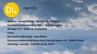 Agenda
Welkom + kennismaking – Helmich op ten Noort
DuurzaamInzetbaarheid en DISC – Tessa Zwanepol
Manager 3.0 – Ralph van...
