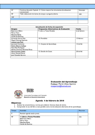 25’             Continua discusión Capítulo X Cómo mejorar los intrumentos de evlauacion                   fotocopia
                convencional
40’             Taller elaboración de itemes de ensayo o pregunta abierta.                                 .ppp

150’




                                         Actualización de fechas de exposición
Grupos                                        Propuestas Alternativas de Evaluación                    Fecha
Belarmino Alfaro                              9. Libro o Texto Paralelo                                6 de febrero
Mercy Viera
Mauricio Pérez
Cecilia de Ramírez
Armando García Díaz                           10. Portafolio                                           13 febrero
Miguel Ostorga Espinoza
Lissette Loza Peña
Juan José Contreras                           11. Carpeta de Aprendizaje                               13 de feb
Edwin Alberto Callejas
Noe Elías Rodríguez
Marlon Giovanni Martínez Pérez
Mario Ernesto Valdez                          12. Estudio de Casos                                     20 de feb
Omar Otoniel Flores
José Oswaldo Barrera




                                                                Evaluación del Aprendizaje
                                                                Profesor: Martín Ulises Aparicio
                                                                muaparicio@hotmail.com



                      Universidad Tecnológica de El Salvador
                      Maestría en Docencia Universitaria

                                         Agenda 4 de febrero de 2010
Objetivos:
       a.   Analizar las características y normas para elaborar diversas clases de itemes.
       b.   Comprender el uso del libro o text paralelo como vía de evaluación alternativa de los aprendizajes.

Tiempo          Actividad                                                                                  Recursos
5’              Revisión agenda sesión previa

40’             9. Libro o Texto Paralelo                                                                  .doc
                Belarmino Alfaro
                Mercy Viera
                Mauricio Pérez
                Cecilia de Ramírez
 