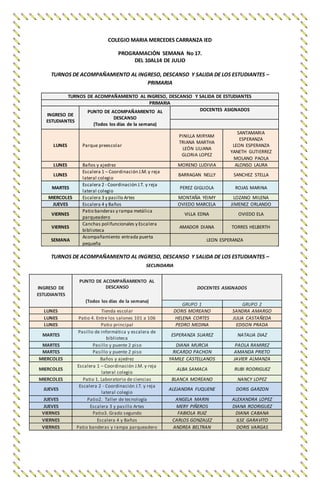 COLEGIO MARIA MERCEDES CARRANZA IED
PROGRAMACIÓN SEMANA No 17.
DEL 10AL14 DE JULIO
TURNOS DE ACOMPAÑAMIENTO AL INGRESO, DESCANSO Y SALIDA DE LOS ESTUDIANTES –
PRIMARIA
TURNOS DE ACOMPAÑAMIENTO AL INGRESO, DESCANSO Y SALIDA DE ESTUDIANTES
PRIMARIA
INGRESO DE
ESTUDIANTES
PUNTO DE ACOMPAÑAMIENTO AL
DESCANSO
(Todos los días de la semana)
DOCENTES ASIGNADOS
LUNES Parque preescolar
PINILLA MIRYAM
TRIANA MARTHA
LEÓN LILIANA
GLORIA LOPEZ
SANTAMARIA
ESPERANZA
LEON ESPERANZA
YANETH GUTIERREZ
MOLANO PAOLA
LUNES Baños y ajedrez MORENO LUDIVIA ALONSO LAURA
LUNES
Escalera 1 – Coordinación J.M.y reja
lateral colegio
BARRAGAN NELLY SANCHEZ STELLA
MARTES
Escalera 2 - Coordinación J.T. y reja
lateral colegio
PEREZ GIGLIOLA ROJAS MARINA
MIERCOLES Escalera 3 y pasillo Artes MONTAÑA YEIMY LOZANO MILENA
JUEVES Escalera 4 y Baños OVIEDO MARCELA JIMENEZ ORLANDO
VIERNES
Patio banderas y rampa metálica
parqueadero
VILLA EDNA OVIEDO ELA
VIERNES
Canchas polifuncionales y Escalera
biblioteca
AMADOR DIANA TORRES HELBERTH
SEMANA
Acompañamiento entrada puerta
pequeña
LEON ESPERANZA
TURNOS DE ACOMPAÑAMIENTO AL INGRESO, DESCANSO Y SALIDA DE LOS ESTUDIANTES –
SECUNDARIA
INGRESO DE
ESTUDIANTES
PUNTO DE ACOMPAÑAMIENTO AL
DESCANSO
(Todos los días de la semana)
DOCENTES ASIGNADOS
GRUPO 1 GRUPO 2
LUNES Tienda escolar DORIS MOREANO SANDRA AMARGO
LUNES Patio 4. Entre los salones 101 a 106 HELENA CORTES JULIA CASTAÑEDA
LUNES Patio principal PEDRO MEDINA EDISON PRADA
MARTES
Pasillo de informática y escalera de
biblioteca
ESPERANZA SUAREZ NATALIA DIAZ
MARTES Pasillo y puente 2 piso DIANA MURCIA PAOLA RAMIREZ
MARTES Pasillo y puente 2 piso RICARDO PACHON AMANDA PRIETO
MIERCOLES Baños y ajedrez YAMILE CASTELLANOS JAVIER ALMANZA
MIERCOLES
Escalera 1 – Coordinación J.M. y reja
lateral colegio
ALBA SAMACA RUBI RODRIGUEZ
MIERCOLES Patio 1. Laboratorio de ciencias BLANCA MOREANO NANCY LOPEZ
JUEVES
Escalera 2 - Coordinación J.T. y reja
lateral colegio
ALEJANDRA FUQUENE DORIS GARZON
JUEVES Patio2. Taller de tecnología ANGELA MARIN ALEXANDRA LOPEZ
JUEVES Escalera 3 y pasillo Artes MERY PIÑEROS DIANA RODRIGUEZ
VIERNES Patio3. Grado segundo FABIOLA RUIZ DIANA CABANA
VIERNES Escalera 4 y Baños CARLOS GONZALEZ ILSE GARAVITO
VIERNES Patio banderas y rampa parqueadero ANDREA BELTRAN DORIS VARGAS
 