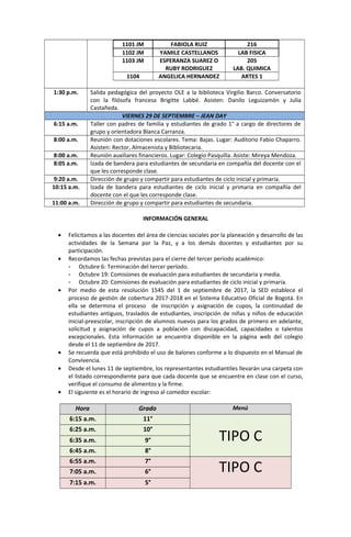 1101 JM FABIOLA RUIZ 216
1102 JM YAMILE CASTELLANOS LAB FISICA
1103 JM ESPERANZA SUAREZ O
RUBY RODRIGUEZ
205
LAB. QUIMICA
1104 ANGELICA HERNANDEZ ARTES 1
1:30 p.m. Salida pedagógica del proyecto OLE a la biblioteca Virgilio Barco. Conversatorio
con la filósofa francesa Brigitte Labbé. Asisten: Danilo Leguizamón y Julia
Castañeda.
VIERNES 29 DE SEPTIEMBRE – JEAN DAY
6:15 a.m. Taller con padres de familia y estudiantes de grado 1° a cargo de directores de
grupo y orientadora Blanca Carranza.
8:00 a.m. Reunión con dotaciones escolares. Tema: Bajas. Lugar: Auditorio Fabio Chaparro.
Asisten: Rector, Almacenista y Bibliotecaria.
8:00 a.m. Reunión auxiliares financieros. Lugar: Colegio Pasquilla. Asiste: Mireya Mendoza.
8:05 a.m. Izada de bandera para estudiantes de secundaria en compañía del docente con el
que les corresponde clase.
9:20 a.m. Dirección de grupo y compartir para estudiantes de ciclo inicial y primaria.
10:15 a.m. Izada de bandera para estudiantes de ciclo inicial y primaria en compañía del
docente con el que les corresponde clase.
11:00 a.m. Dirección de grupo y compartir para estudiantes de secundaria.
INFORMACIÓN GENERAL
• Felicitamos a las docentes del área de ciencias sociales por la planeación y desarrollo de las
actividades de la Semana por la Paz, y a los demás docentes y estudiantes por su
participación.
• Recordamos las fechas previstas para el cierre del tercer período académico:
- Octubre 6: Terminación del tercer período.
- Octubre 19: Comisiones de evaluación para estudiantes de secundaria y media.
- Octubre 20: Comisiones de evaluación para estudiantes de ciclo inicial y primaria.
• Por medio de esta resolución 1545 del 1 de septiembre de 2017, la SED establece el
proceso de gestión de cobertura 2017-2018 en el Sistema Educativo Oficial de Bogotá. En
ella se determina el proceso de inscripción y asignación de cupos, la continuidad de
estudiantes antiguos, traslados de estudiantes, inscripción de niñas y niños de educación
inicial-preescolar, inscripción de alumnos nuevos para los grados de primero en adelante,
solicitud y asignación de cupos a población con discapacidad, capacidades o talentos
excepcionales. Esta información se encuentra disponible en la página web del colegio
desde el 11 de septiembre de 2017.
• Se recuerda que está prohibido el uso de balones conforme a lo dispuesto en el Manual de
Convivencia.
• Desde el lunes 11 de septiembre, los representantes estudiantiles llevarán una carpeta con
el listado correspondiente para que cada docente que se encuentre en clase con el curso,
verifique el consumo de alimentos y la firme.
• El siguiente es el horario de ingreso al comedor escolar:
Hora Grado Menú
6:15 a.m. 11°
TIPO C
6:25 a.m. 10°
6:35 a.m. 9°
6:45 a.m. 8°
6:55 a.m. 7°
TIPO C7:05 a.m. 6°
7:15 a.m. 5°
 