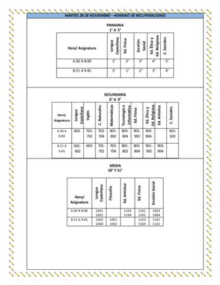 MARTES 28 DE NOVIEMBRE – HORARIO DE RECUPERACIONES
PRIMARIA
1° A 5°
Hora/ Asignatura
Lengua
Castellana
Ed.Física
Gestión
Social
Ed.Éticay
Ed.Religiosa
C.Sociales
6:30 A 8:00 1° 2° 3° 4° 5°
8:15 A 9:45 5° 1° 2° 3° 4°
SECUNDARIA
6° A 9°
Hora/
Asignatura
Lengua
Castellana
Inglés
C.Naturales
Matemáticas
Tecnologíae
informática
Ed.Física
Ed.Éticay
Ed.Religiosa
Ed.Artística
C.Sociales
6:30 A
8:00
603- 701-
702
703-
704
801-
802
803-
804
901-
902
903-
904-
601-
602
8:15 A
9:45
601-
602
603- 701-
702
703-
704
801-
802
803-
804
901-
902
903-
904-
MEDIA
10° Y 11°
Hora/
Asignatura
Lengua
Castellana
Filosofía
Ed.Artística
Ed.Física
GestiónSocial
6:30 A 8:00 1001
1002
1103
1104
1101
1102
1003
1004
8:15 A 9:45 1003
1004
1001
1002
1103
1104
1101
1102
 