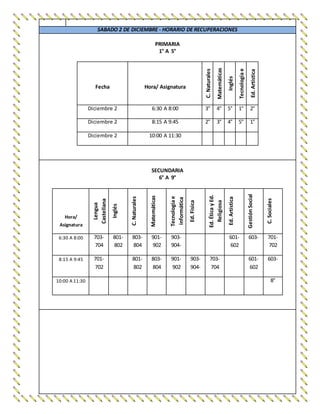SABADO 2 DE DICIEMBRE - HORARIO DE RECUPERACIONES
PRIMARIA
1° A 5°
Fecha Hora/ Asignatura
C.Naturales
Matemáticas
Inglés
Tecnologíae
informática
Ed.Artística
Diciembre 2 6:30 A 8:00 3° 4° 5° 1° 2°
Diciembre 2 8:15 A 9:45 2° 3° 4° 5° 1°
Diciembre 2 10:00 A 11:30
SECUNDARIA
6° A 9°
Hora/
Asignatura
Lengua
Castellana
Inglés
C.Naturales
Matemáticas
Tecnologíae
informática
Ed.Física
Ed.ÉticayEd.
Religiosa
Ed.Artística
GestiónSocial
C.Sociales
6:30 A 8:00 703-
704
801-
802
803-
804
901-
902
903-
904-
601-
602
603- 701-
702
8:15 A 9:45 701-
702
801-
802
803-
804
901-
902
903-
904-
703-
704
601-
602
603-
10:00 A 11:30 8°
 