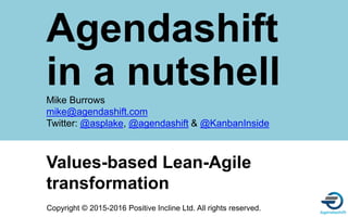 Mike Burrows
mike@agendashift.com
Twitter: @asplake, @agendashift & @KanbanInside
Introducing
Agendashift
Copyright © 2015-2016 Positive Incline Ltd. All rights reserved.
Values-based Lean-Agile
transformation
 