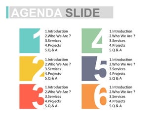 AGENDA SLIDE
1.Introduction
3.Services
4.Projects
5.Q & A
2.Who We Are ?
1.Introduction
3.Services
4.Projects
5.Q & A
2.Who We Are ?
1.Introduction
3.Services
4.Projects
5.Q & A
2.Who We Are ?
1.Introduction
3.Services
4.Projects
5.Q & A
2.Who We Are ?
1.Introduction
3.Services
4.Projects
5.Q & A
2.Who We Are ?
1.Introduction
3.Services
4.Projects
5.Q & A
2.Who We Are ?
 