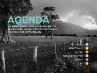AGENDA
Introduction
Who We Are ?
Services
Our Unique Services
Projects
Q & A
01
02
03
04
05
06
The quick brown fox jumps over the lazy dog. The
quick brown fox jumps over the lazy dog. The quick
brown fox jumps over the lazy dog.
 