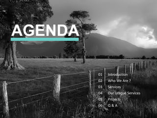 AGENDA
Introduction
Who We Are ?
Services
Our Unique Services
Projects
Q & A
01
02
03
04
05
06
 
