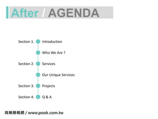 Section 1.
Section 2.
Section 3.
Introduction
Services
Projects
Q & ASection 4.
Who We Are ?
Our Unique Services
After / AGENDA
商業簡報網 / www.pook.com.tw
 