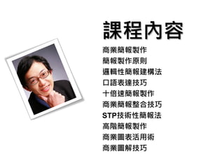 商業簡報製作
簡報製作原則
邏輯性簡報建構法
口語表達技巧
十倍速簡報製作
商業簡報整合技巧
STP技術性簡報法
高階簡報製作
商業圖表活用術
商業圖解技巧
課程內容
 