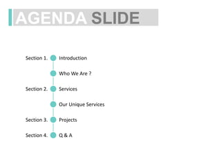 AGENDA SLIDE
Section 1.
Section 2.
Section 3.
Introduction
Services
Projects
Q & ASection 4.
Who We Are ?
Our Unique Services
 