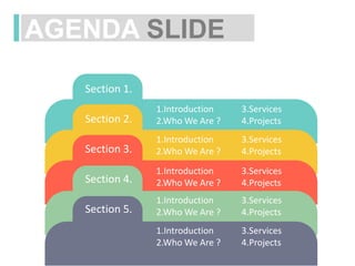 AGENDA SLIDE
Section 5.
Section 4.
Section 3.
Section 2.
Section 1.
1.Introduction
2.Who We Are ?
3.Services
4.Projects
1.Introduction
2.Who We Are ?
3.Services
4.Projects
1.Introduction
2.Who We Are ?
3.Services
4.Projects
1.Introduction
2.Who We Are ?
3.Services
4.Projects
1.Introduction
2.Who We Are ?
3.Services
4.Projects
 