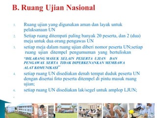 1.   Ruang ujian yang digunakan aman dan layak untuk
     pelaksanaan UN
2.   Setiap ruang ditempati paling banyak 20 peserta, dan 2 (dua)
     meja untuk dua orang pengawas UN
3.   setiap meja dalam ruang ujian diberi nomor peserta UN;setiap
      ruang ujian ditempel pengumuman yang bertuliskan
     “DILARANG MASUK SELAIN PESERTA UJIAN DAN
     PENGAWAS SERTA TIDAK DIPERKENANKAN MEMBAWA
     ALAT KOMUNIKASI”
4.   setiap ruang UN disediakan denah tempat duduk peserta UN
     dengan disertai foto peserta ditempel di pintu masuk ruang
     ujian;
6.   setiap ruang UN disediakan lak/segel untuk amplop LJUN;
.
 