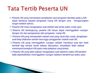 8. Peserta UN yang memerlukan penjelasan cara pengisian identitas pada LJUN
   dapat bertanya kepada pengawas ruang UN dengan cara mengacungkan
   tangan terlebih dahulu.
9. Peserta UN mulai mengerjakan soal setelah ada tanda waktu mulai ujian.
10.Selama UN berlangsung, peserta UN hanya dapat meninggalkan ruangan
  dengan izin dan pengawasan dari pengawas ruang UN.
11.Peserta UN yang memperoleh naskah soal yang cacat atau rusak, pengerjaan
  soal tetap dilakukan sambil menunggu penggantian naskah soal UN.
12.Peserta UN yang meninggalkan ruangan setelah membaca soal dan tidak
  kembali lagi sampai tanda selesai dibunyikan, dinyatakan telah selesai
  menempuh/mengikuti UN pada mata pelajaran yang terkait.
13.Peserta UN yang telah selesai mengerjakan soal sebelum waktu UN berakhir
  tidak diperbolehkan meninggalkan ruangan sebelum berakhirnya waktu ujian.
 