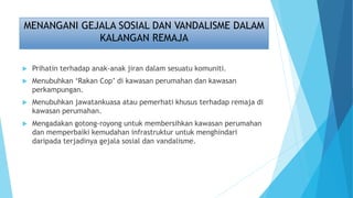 MENANGANI GEJALA SOSIAL DAN VANDALISME DALAM
KALANGAN REMAJA
 Prihatin terhadap anak-anak jiran dalam sesuatu komuniti.
 Menubuhkan ‘Rakan Cop’ di kawasan perumahan dan kawasan
perkampungan.
 Menubuhkan jawatankuasa atau pemerhati khusus terhadap remaja di
kawasan perumahan.
 Mengadakan gotong-royong untuk membersihkan kawasan perumahan
dan memperbaiki kemudahan infrastruktur untuk menghindari
daripada terjadinya gejala sosial dan vandalisme.
 