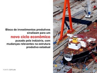 Bloco de investimentos produtivos
sinalizam para um

novo ciclo econômico
puxado pela indústria, com
mudanças relevantes na estrutura
produtiva estadual

FONTE CEPLAN

 