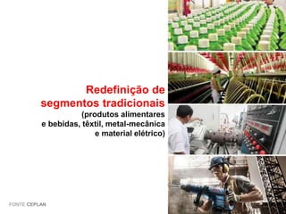 Redefinição de
segmentos tradicionais
(produtos alimentares
e bebidas, têxtil, metal-mecânica
e material elétrico)

FONTE CEPLAN

 
