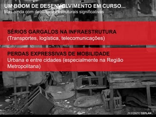 UM BOOM DE DESENVOLVIMENTO EM CURSO...
Mas ainda com debilidades estruturais significativas

SÉRIOS GARGALOS NA INFRAESTRUTURA
(Transportes, logística, telecomunicações)
PERDAS EXPRESSIVAS DE MOBILIDADE
Urbana e entre cidades (especialmente na Região
Metropolitana)

FONTE CEPLAN

 