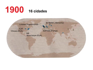 1900

16 cidades

Londres (Inglaterra) 6,5
1,17
Chicaco (EUA)

2,7 Berlim (Alemanha)

3,3 Paris (França)
4,2
Nova Iorque (EUA)

 