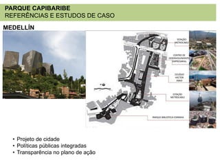PARQUE CAPIBARIBE
REFERÊNCIAS E ESTUDOS DE CASO
MEDELLÍN

• Projeto de cidade
• Políticas públicas integradas
• Transparência no plano de ação

 