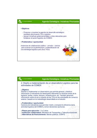 Agenda Estratégica: Iniciativas Priorizadas


 Objetivos

   Proponer e impulsar la agenda de desarrollo estratégico
   resultado del proyecto TICs Logística
   Apoyar iniciativas gubernamentales u otras relevantes para
   fortalecer el sector logístico de COMEX

 Problemática / oportunidad

Instancias de colaboración público – privado – ciencia,
 para avanzar en la planificación y materialización de
una estrategia logística país (foco TICs)




                             Agenda Estratégica: Iniciativas Priorizadas

2. Diseño e implementación de un observatorio Logístico para las
actividades de COMEX

  Objetivo:
Diseñar e implementar un observatorio que permita generar y distribuir
información e indicadores de desempeño relevantes en diversas áreas de la
logística: tarifas, costos, tiempos, infraestructura, etc. También generará
información sobre el uso e impacto de las TICs en las actividades de comercio
exterior, basado en la metodología desarrollada en el estudio

 Problemática / oportunidad:
Carencia de indicadores que permitan medir y comparar la eficiencia de la
actividad logística del COMEX y tomar decisiones oportunas.

 Plazos para ejecución: 2 a 3 años
 Institución colaboradora: Ministerio de Transportes y Telecomunicaciones
 Alternativas de financiamiento: Bienes públicos, CORFO.




                                                                                15
 