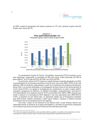 en 2010, cuando el presupuesto del sistema aumenta un 17% real, mientras el gasto total del
Estado crece menos del 5%.


                                                      GRAFICO N° 1
                                      TOTAL GASTO PÚBLICO EN SNIC Y CTi
                               Presupuestos vigentes. Cifras en millones de pesos de 2009




                       Fuente: CNIC sobre la base de antecedentes de Dipres del Ministerio de Hacienda.



        Si consideramos el gasto en Ciencia, Tecnología e Innovación (CTi) el aumento es aun
más importante, alcanzando un promedio de 20% real anual. Como porcentaje del PIB el
gasto público28 en CTi sube del 0,2% del PIB a un 0,43% del PIB.
        En particular, dentro de CTi el gasto en capital humano avanzado (posgrados en Chile
y principalmente en el extranjero) aumenta en más de siete veces entre 2005 y 2010: de $11 mil
millones a $85 mil millones, especialmente a partir de la instalación del programa bicentenario
Becas Chile. Los recursos destinados a la investigación de base crecen en ese mismo período al
14,1% anual (12,6% si se agrega la investigación pre competitiva), en tanto el gasto público
orientado a programas de estímulo a la difusión tecnológica, emprendimiento, innovación e
I+D desarrollados en la empresa creció al 10,5% en promedio entre 2005 y 2009, situación que
tiende a mejorar en el presupuesto 2010, llegando a una tasa equivalente para 2005-2010 de
14,9%. A propósito de este último dato, es importante señalar que el Presupuesto aprobado
para 2010 mostró cambios orientados a darle mayor énfasis a catalizar el esfuerzo privado
consistentes con las recomendaciones de esta Agenda.
        Con todo, a pesar de los esfuerzos en los últimos años, el país muestra todavía una
importante brecha en términos de su gasto total (público y privado) en innovación comparado
con el esfuerzo que hacen los países de referencia más relevantes para Chile.

28
  Se refiere al presupuesto del gobierno central, excluidos créditos y garantías. Los gráficos están construidos con cifras
de presupuestos vigentes (incluyen todas las modificaciones presupuestarias realizadas durante cada año).



                                                                Consejo Nacional de Innovación para la Competitividad / 32
 